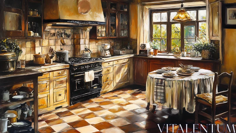 Sunlit rustic kitchen interior shows warm tiled workspace charm