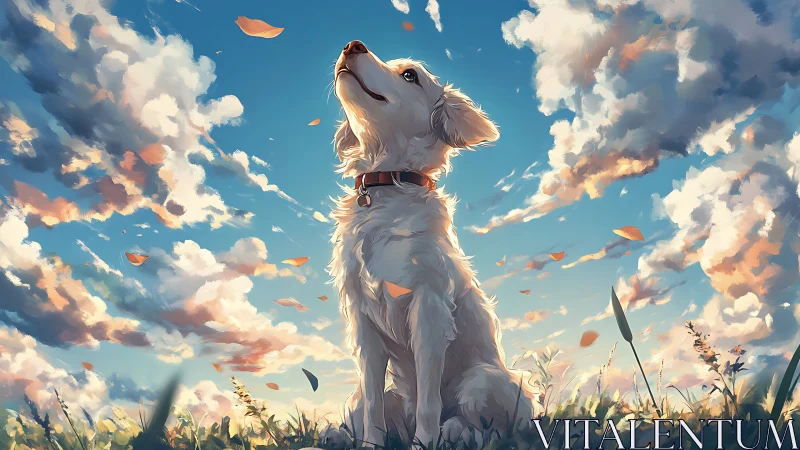 White dog in grassy field under clouded sky at sunset.