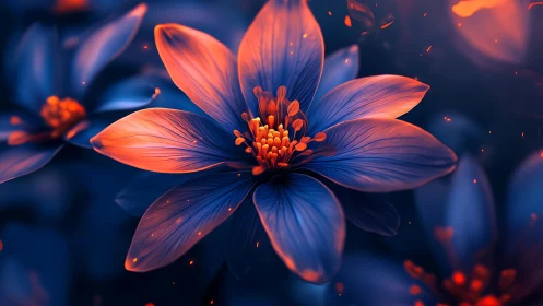 Luminous Flower with Glowing Orange Petals and Blue Core.