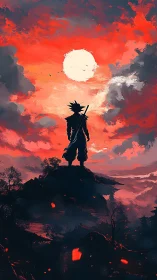 Silhouetted warrior on ridge under large red sunset sky.