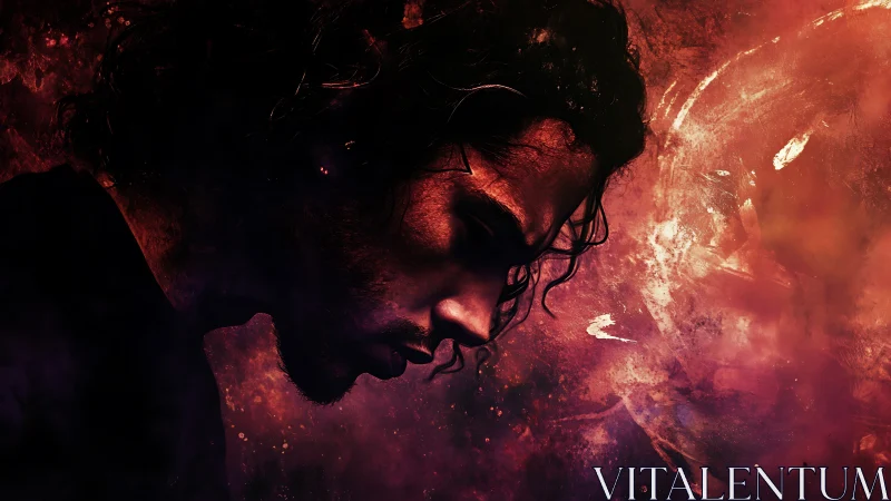 Brooding silhouette drifting through a cosmic ember haze.