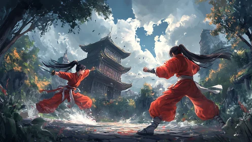 Temple courtyard showdown under restless drifting skies.