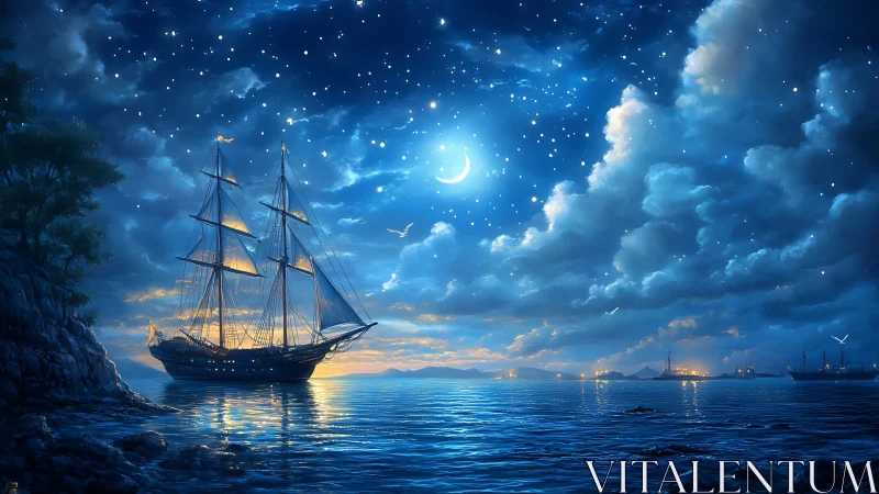 Moonlit tall ship on glowing celestial night sea.