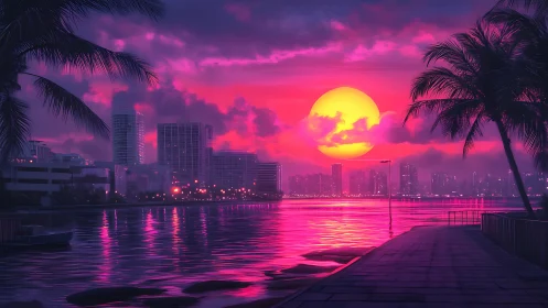 Neon city waterfront under vivid magenta sunset sky.