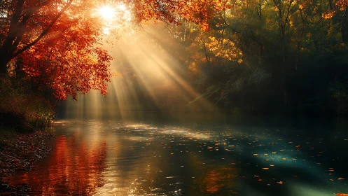 Tranquil Autumn River Scene with Golden Sun Rays and Warm Colors.