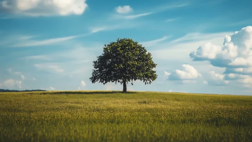 Solitary oak tree in sunlit field, serene landscape photography.