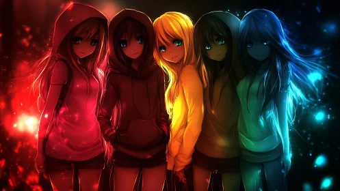 Five hooded anime girls in gradient colored lighting lineup.