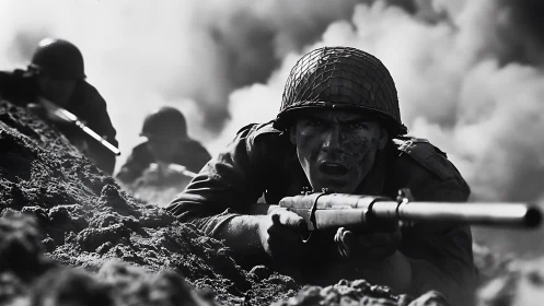Combat soldier advancing under fire with rifle in low-angle crawl