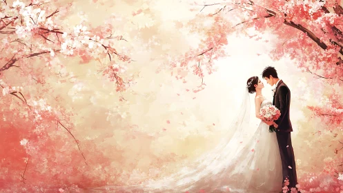 Bride and groom under soft pink cherry blossom canopy.