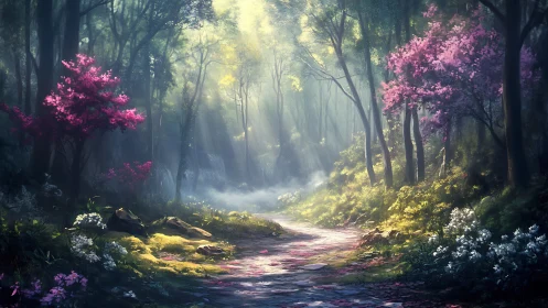Ethereal Forest Path with Blooming Trees.