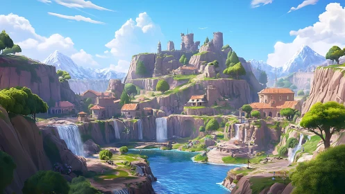 Sunlit cliff kingdom cradled by waterfalls and blue lagoons.
