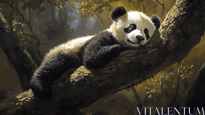 Dream-drowsy panda draped in sunlit forest branches.