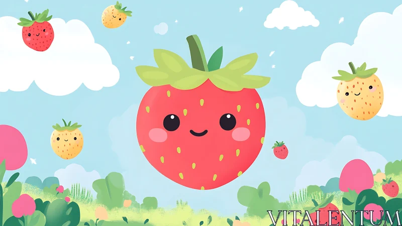 Kawaii strawberry characters float over pastel fruit fields.