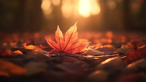 Sunlit maple leaf glows over blurred autumn forest floor.