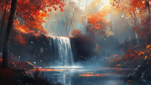 Waterfall in dense autumn forest with mist and still pool.