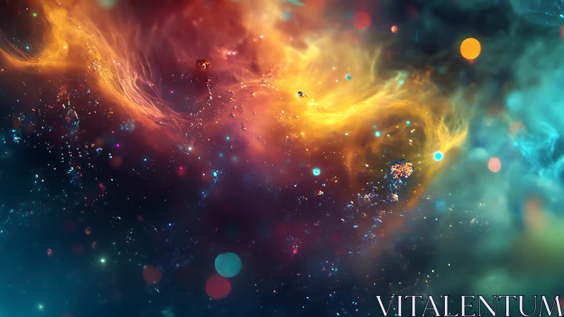 Chromatic nebula field with luminous cosmic particulates.