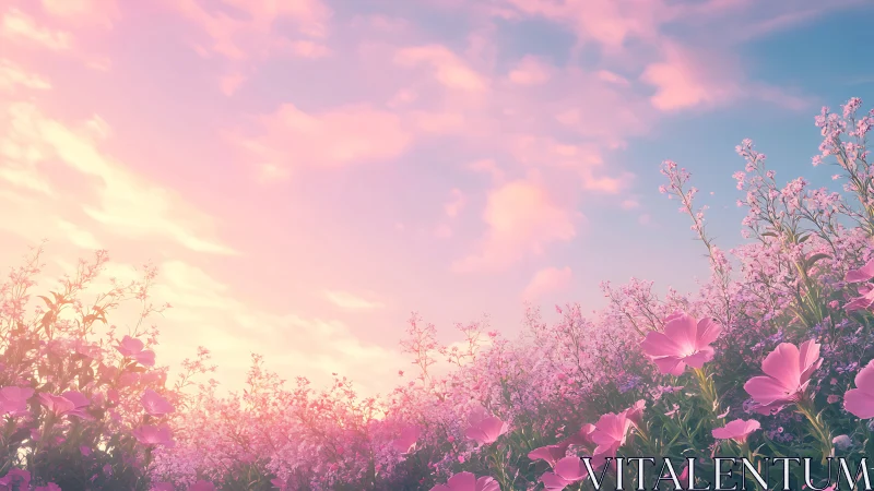 Golden Hour Among Blooming Pink Flowers and Sky.