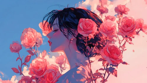 Woman in profile surrounded by vivid pink roses in bloom