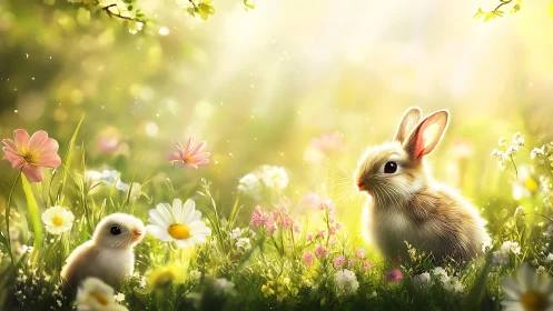 Backlit juvenile rabbit and chick in luminous floral meadow.
