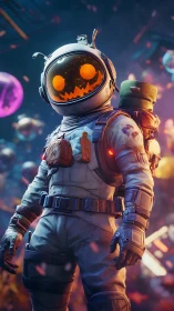 Pumpkin helm astronaut stalks neon galaxies with mischief.