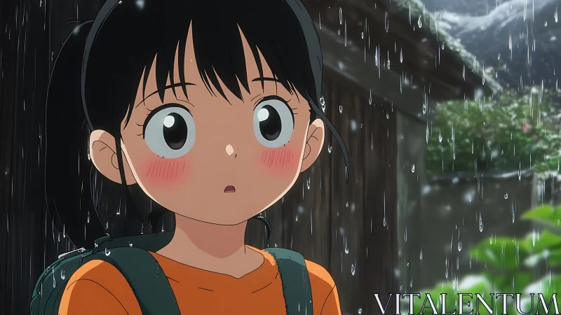 Wide-eyed girl in gentle rain discovering a quiet moment.