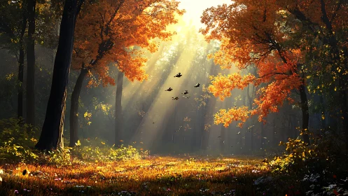 Autumn Forest Cathedral With Birds In Flight.