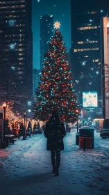 Midnight city Christmas tree glows through falling snow.