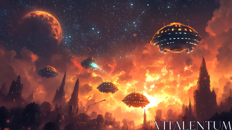 Digital painting of fiery alien invasion above dystopian city.