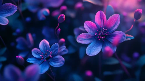 Neon Flowers: Digital Garden with Blue and Pink Petals.