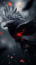 Digital painting of a raven with glowing ember core in flight.