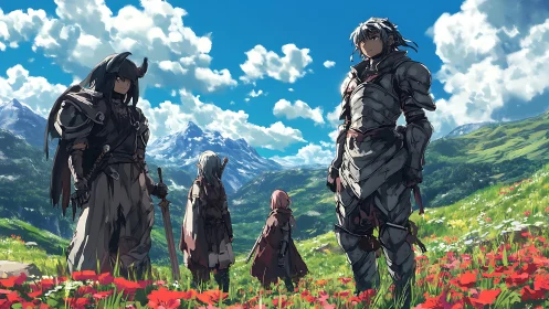 Armored fantasy party overlooking bright alpine valley.