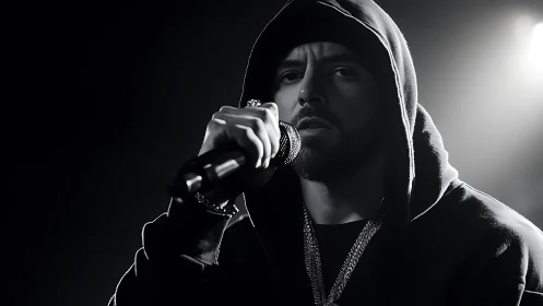 Rap performer in hoodie holding microphone on dark stage.