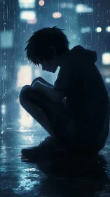 Lonely youth curls into the rain on a neon city street
