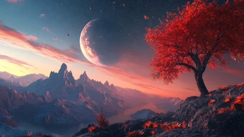 Crimson tree under a dreamy twin-moon mountain sky.