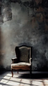 Solitary velvet armchair brooding in dust-laced shadow light.