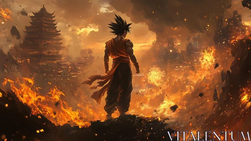 Warrior silhouette over burning cityscape in molten dusk.