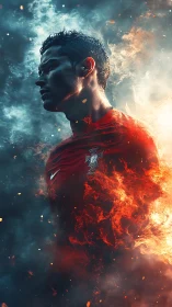 Flame-forged footballer carves a path through stormy smoke