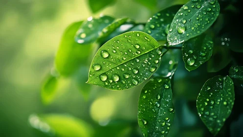 Leaf closeup holds dew droplets in vivid emerald light.