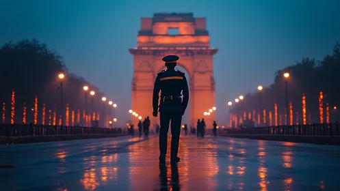 Uniformed guard on wet boulevard facing illuminated arch.