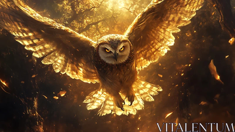 Majestic owl in flight with golden sunlight and dramatic lighting.
