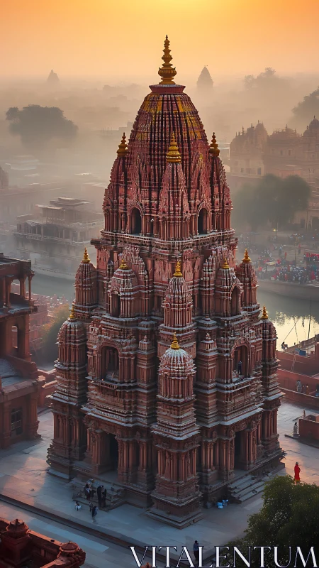 Sunrise over a misty sandstone temple in a quiet cityscape.