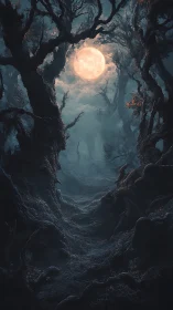 Moonlit forest path glows softly beneath twisted trees