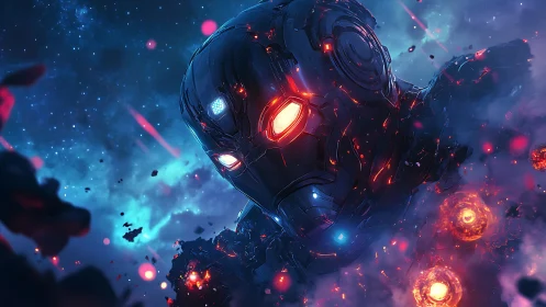 Colossal cybernetic war machine drifting through cosmic ruin.