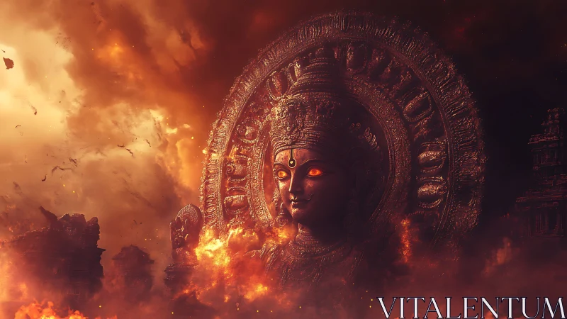 Ember-eyed goddess rising through storm-forged ruins.