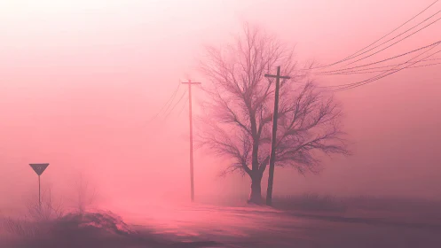 Pink fog road with bare tree and power lines at dusk.