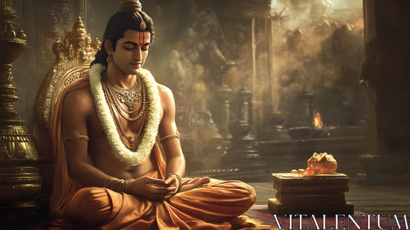 Serene royal ascetic in orange robes meditating in ornate temple hall