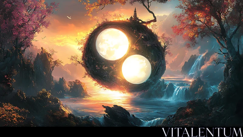 Spherical dual-light structure over river valley at sunset.