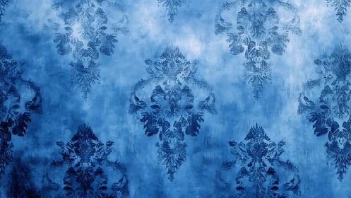Blue damask wallpaper pattern on textured background.
