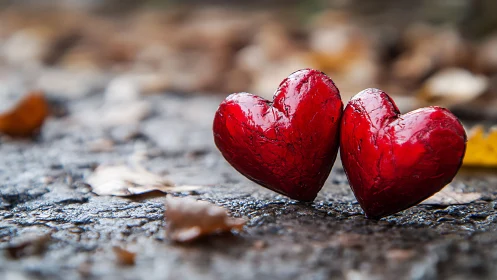 Twin Lustrous Scarlet Hearts on Weathered Asphalt Surface.