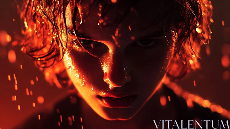 Photorealistic portrait in ember-lit low key dramatic lighting.